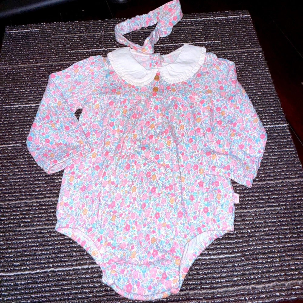 JoJo Maman Bebe Floral Bodysuit G 18-24M Pink Blue NEW Ruffle Collar Headbandrl